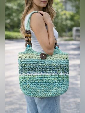 Cappelli Straworld Crochet Straw Handbag Blue Green Boho Beaded Handle Purse